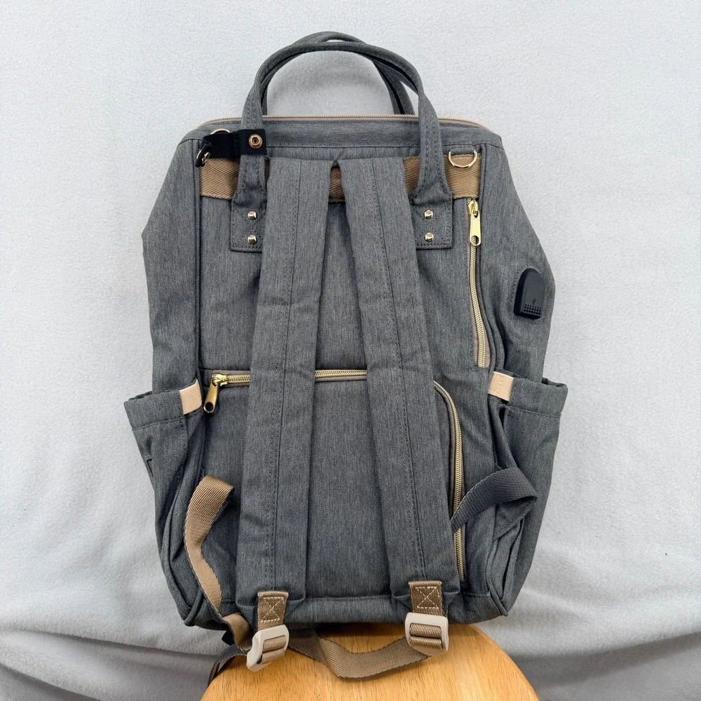 Sunveno Diaper Bag Backpack Grey Heather USB Charging Port Travel Baby Bag